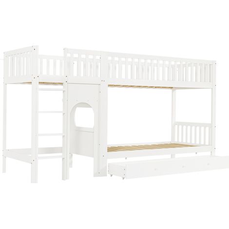 Lit superposé enfant 90x200 cm blanc avec échelle droite à 4 marches et garde-corps sur 4 côtés (1/5)