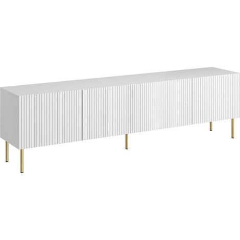 Meuble TV Varenna, buffet de salon avec quatre portes battantes, surélevé du sol, 200x42 h52 cm, blanc (1/4)