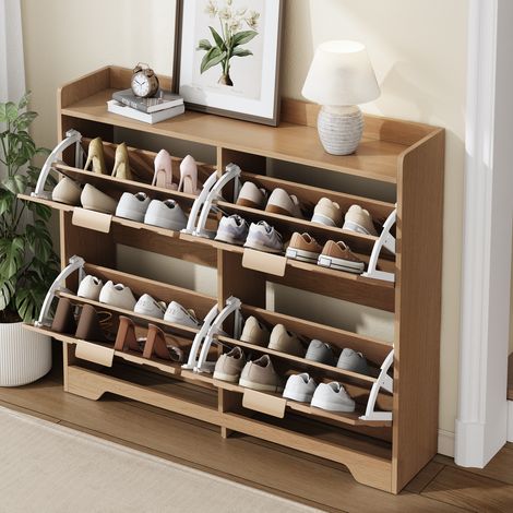 Zapatero 105x24x90 cm de MDF natural, 4 puertas abatibles, ahorra espacio -FLORAGRACE (1/5)