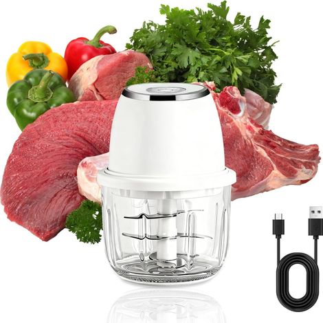 Hachoir électrique - 350 Ml - 6 Lames Inox - Rechargeable Usb-C - Pour Légumes Viande Et Fruits - Blanc