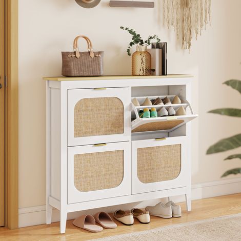 Meuble à chaussures étroit avec 4 portes en rotin, étagères réglables pour 20 paires de chaussures, 105 x 24 x 95,5 cm, blanc