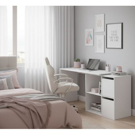 Dmora Escritorio modular de cuatro estantes bajos, dos de ellos cerrados por dos puertas batientes con posibilidad de montaje en esquina, color blanco, 152 x 74 x 49 cm., con embalaje reforzado (1/5)