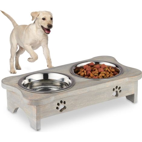 Comedero elevado para perros con soporte en forma de hueso y cuencos de acero inoxidable (1/5)