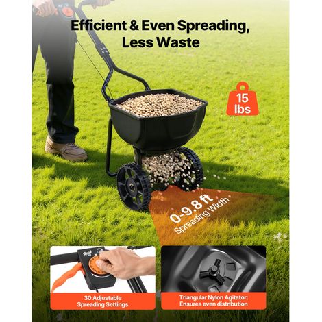 Épandeur à gazon poussé piéton, largeur diffusion 3m, épandeur rotatif 59kg & pneus 10 pouces tout terrain, pour jardin semences engrais désherbage (1/5)