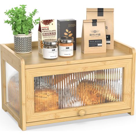 Boîte à pain en bambou pour comptoir de cuisine, boîte à pain extra large avec panneaux transparents à 4 côtés, récipient de rangement en bois pour pain fait maison, naturel (1/5)