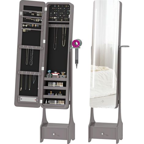 Miroir à bijoux avec éclairage LED, armoire à bijoux avec miroir orientable à 360°, tiroir, éclairage à arrêt automatique, gris (1/5)
