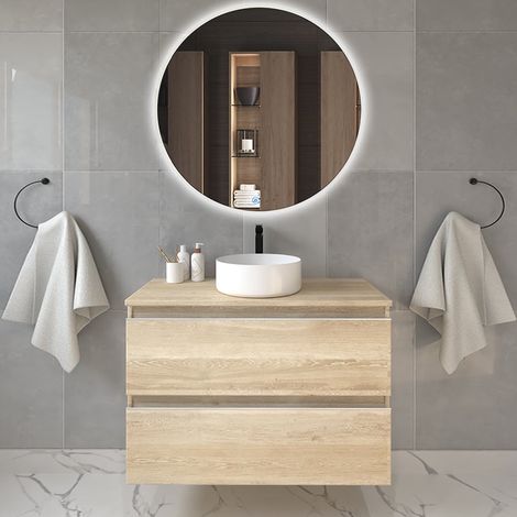 Meuble de salle de bain avec vasque à poser ronde BALEA et miroir rond Led SOLEN - 80cm (1/5)