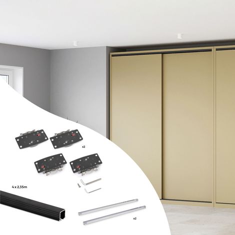 Emuca Kit di ferramenta per armadio 2 con porte scorrevoli e chiusura soft Flow2 con binari incassati 2,35 m, pannelli non inclusi, Verniciato nero (1/5)
