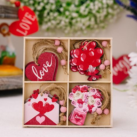 Décoration Suspendue En Bois Pour La Saint-Valentin - Cœur - Bouquet De Ballons - Enveloppe - Bouquet De Roses - Lot De 4 Pièces (1/5)