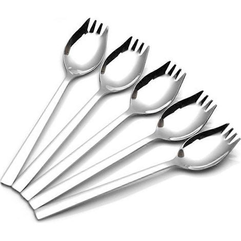 Ensemble de 6 cuillères de service à salade et dîner en acier inoxydable naturel 304, manche long et cuillère-fourchette robuste (grande taille) (1/5)
