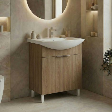 Meuble vasque salle de bains 65 cm décor chêne 2 portes UMI (1/4)