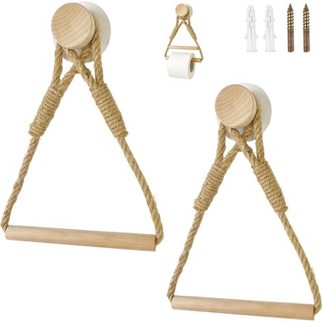 2 Pièces Porte Rouleau Papier Toilette Mural Bois, Dérouleur Papier Toilette Adhesif, Support Rouleau Papier Toilette Mural Corde en Bois Anneau de Serviette Rustic, pour Salle de Bain et Cuisine (1/5)