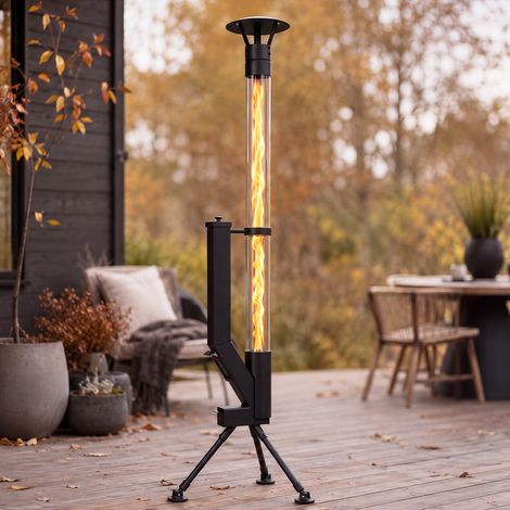 GBLY Stufa a pellet per esterni 5‑6 kW senza gas né corrente treppiede stabile vetro borosilicato riscaldatore mobile per terrazzo e giardino effetto fiamma decorativo per esterni (1/5)
