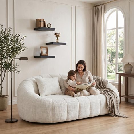 FurnitureR Wohnzimmer Set gepolstertes Sofa mit weicher Form und Wandregal modernes Möbel Set für kleine Räume komfortable Sitzlösung Creme Schwarz
