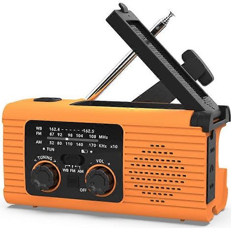 Radio d'urgence multifonction avec bandes AM/FM, à manivelle, rechargeable à l'énergie solaire, avec éclairage et fonction de prévention des catastrophes (orange) (1/5)