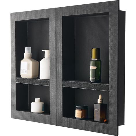 Niche Encastrable Salle de Bain, 40,6x61 cm + 40,6x61 cm, Niche Douche Encastrable Murale Étagères Organisateur Rangement Moderne, pour Stockage de Savon, Shampoing, Douche, Salle de Bains, Noir (1/5)