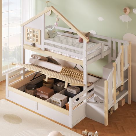 Kinder-Hochbett 90x200 und 140x200 cm mit Stauraum, Weiß und Natur (1/5)