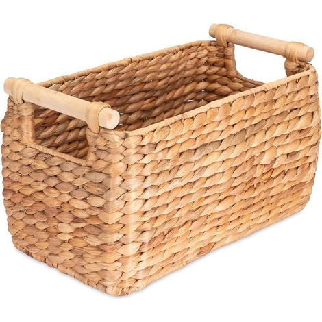Decorasian Panier de rangement tressé en jacinthe d'eau – jonc de mer long et étroit avec poignée en bois - M = 37cm x 22cm (1/5)