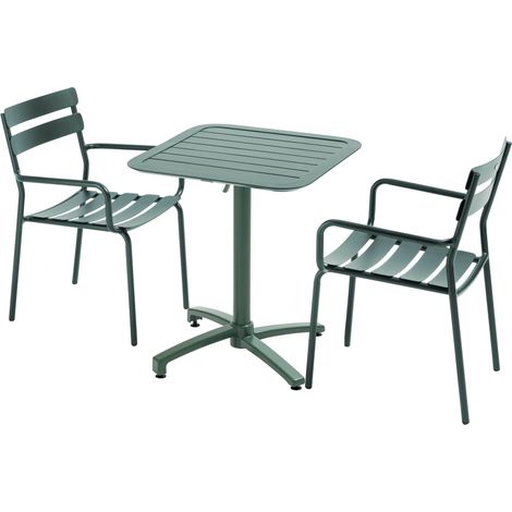 Ensemble table inclinable de terrasse 70 x 70 cm et 2 fauteuils vert