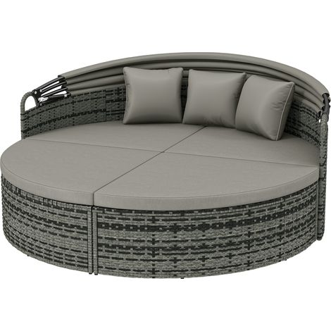 Bain de soleil rond, lit de jardin extérieur modulable 3 PSC en résine tressée avec auvent rétractable, gris clair