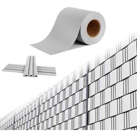 PVC Sichtschutzstreifen für Doppelstabmatten Sichtschutz Zaunfolie für Gartenzaun, Balkon, Hellgrau 65m mit 30 Befestigungsclips (1 Rolle, je 65m lang)