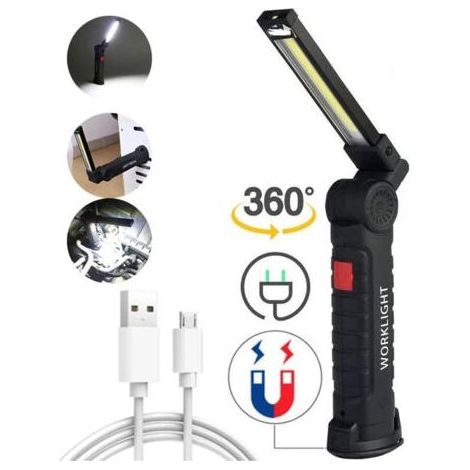 Lampe de travail LED – Rechargeable par USB – 3 W – Rotative à 360° – LED COB – Magnétique – Lampe torche – Noire (1/4)