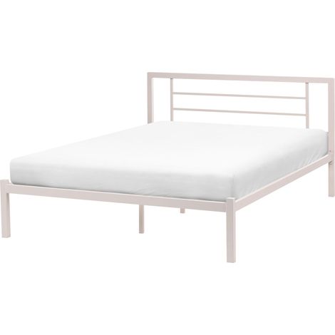 Bed Frame Light Beige Metal EU Double Size 4ft6 Solid Wood Slats Industrial Minimalist CUSSET (1/5)