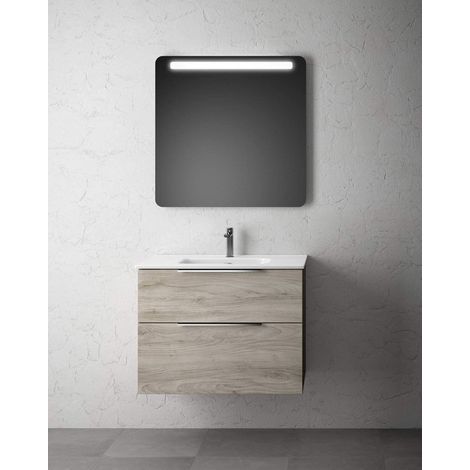 Mueble de Baño Suspendido con Lavabo Cerámico  2 cajones con Cierre Amortiguado y Organizador  100 cm  Pino Gris - Cromo (1/5)