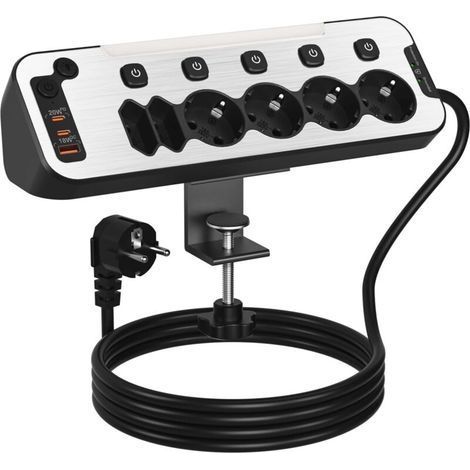 Multiprise de Bureau 6 Prises,Bloc Prise de Table avec USB C,Multiprise Parafoudre et Surtension avec Support de Bureau Fixable en Aluminium,Charge Rapide PD 20W Prise Multiple d’Angle,2M Câble,Noir (1/5)