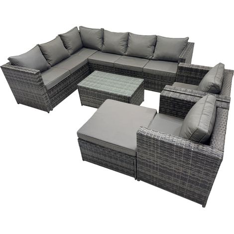 Fimous Outdoor Rattan Rectangular Coffee Table Corner Sofa Sets Garden Furniture Set with 2 Chairs Big Stool Dark Grey Mixed (1/5)