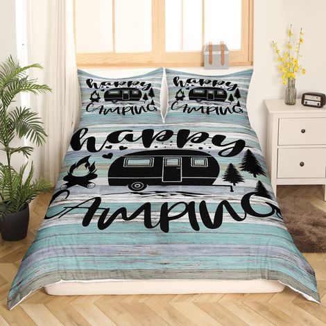 Parure de lit 135 x 200 cm pour adolescent Happy Camping Housse de couette rustique style maison de ferme dessin de croquis campeurs Housse de couette pour enfants garçons adultes Décoration (1/5)