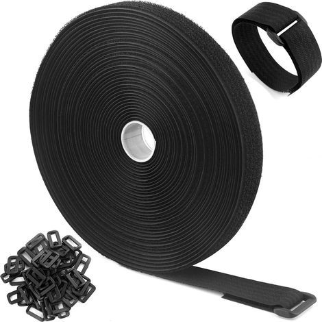 Fermeture auto-agrippante en nylon avec boucle, largeur 2,5 cm, longueur 10 m, coloris noir, avec 50 boucles plastiques (1/5)