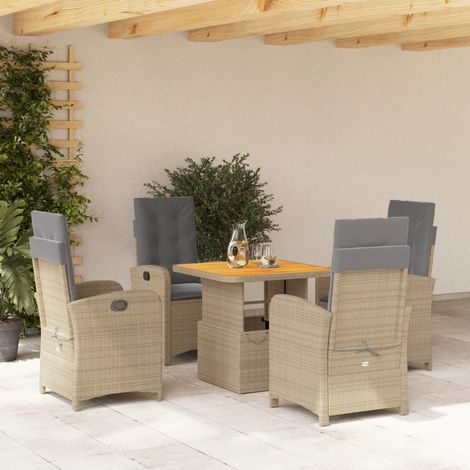[Ensemble de Jardin] - 5pcs Table + Chaises Polyrotin Beige avec Coussins Gris et Dossiers Inclinables, 80x80cm (1/5)