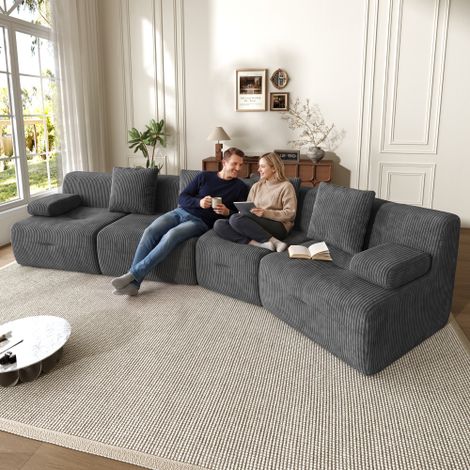 Canapé modulable 4 places à compression en velours côtelé, modules d'assise combinables à volonté, aucun montage requis, bon confort, capacité de charge jusqu'à 400 kg pour salons, séjours et appartem (1/5)