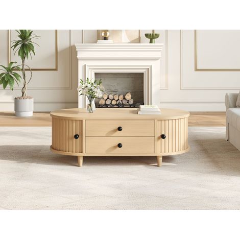 Table basse ronde avec portes coulissantes, bois clair, 2 tiroirs, table d'appoint en MDF, meuble salon à pieds en bois massif, 100x50x36 cm, charge max 50 kg. (1/5)