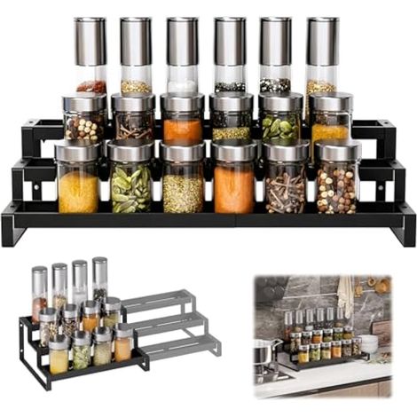 étagère à épices à 3 étages, Réglable Porte-épices en Métal, Support a Epices Etagere de Stockage d'Epices, Rangement Epice pour Cuisine Plan de Travail Placards Garde-manger et Salle de Bain (1/5)