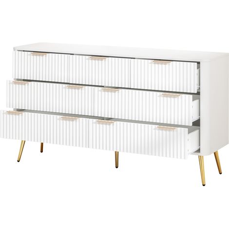 Commode 7 tiroirs blanche moderne en MDF avec poignées métal et glissières à fermeture douce, meuble de rangement avec système anti-basculement (1/5)