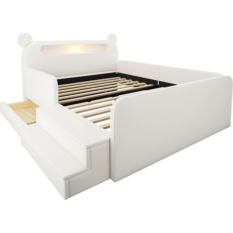 Cama infantil tapizada 140 x 200 cm blanca con cabecero de oso, luz nocturna y USB (1/5)