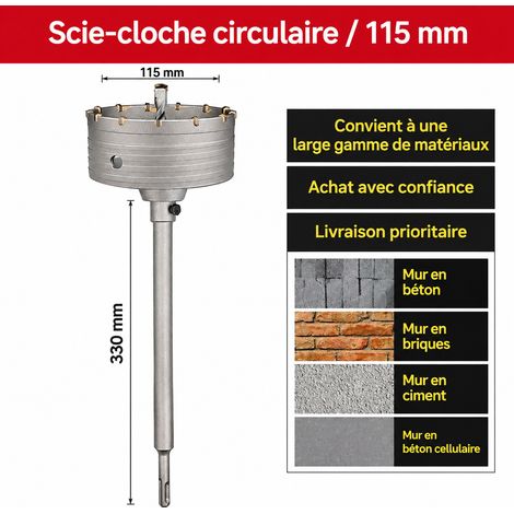 Scie trépan béton pour perforateur carottier maçonnerie, kit tige ronde 115 mm, cyan 1 g – Livraison gratuite (1/4)