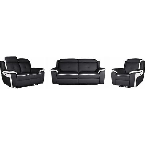Canapés 3 places 2 places et un fauteuil relax électrique en cuir ANGELIQUE - Noir/blanc (1/5)