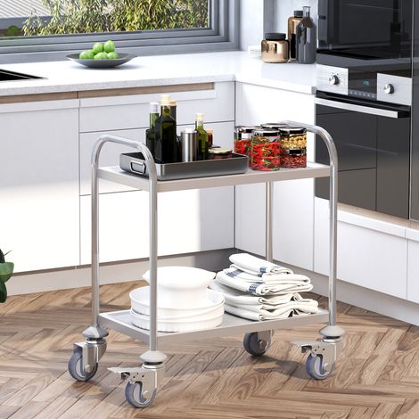 Chariot cuisine 2 étagères chariot roues rangement chariot alimentaire en acier inoxydable - Dimensions: 80x45x82cm - Couleur: Argent