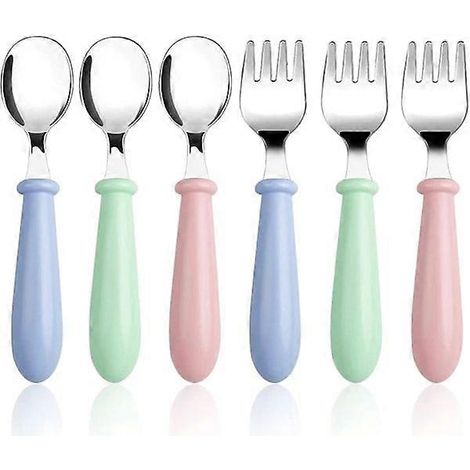 Ensemble de 3/6 pièces : fourchette et cuillère pour bébé, couverts en acier inoxydable pour tout-petits avec manche rond, pour enfants. (1/5)
