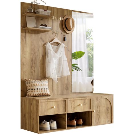 Garde-robe d’entrée murale 6-en-1 avec miroir pleine hauteur, 5 crochets, 2 tiroirs, meuble à chaussures et rangement fermé, effet bois clair, 120 x 35 x 159 cm CHICFURN (1/5)