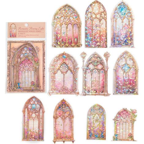 10 stickers holographiques 3D adhésifs en PET rose, teintes éclatantes, motif vitrail. Pose simple. Parfait pour cahiers et agendas. (1/5)