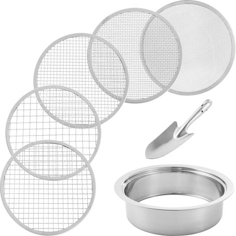 Ensemble de tamis à terre en acier inoxydable pour le jardinage, 5 tailles, diamètre de 8 pouces, maille interchangeable 1/3/6/9/12 mm, tamis à pot de jardin avec pelle (1/5)