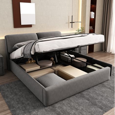 REDOM - Cama con almacenaje 180x200 cm - con 3 cajones y cabecero ajustable - terciopelo - gris (Sin colchón) (1/5)