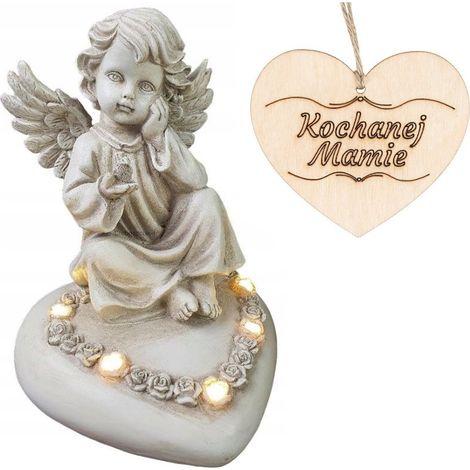 Angelo candela seduto su un cuore, illuminato a LED, per la tomba della mamma, 18 cm