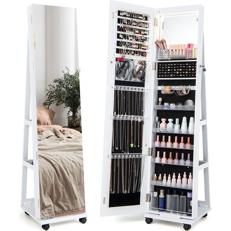COSTWAY 360° Rotating Jewelry Armoire Full Length Mirrored Freestanding Makeup Cabinet (1/5)