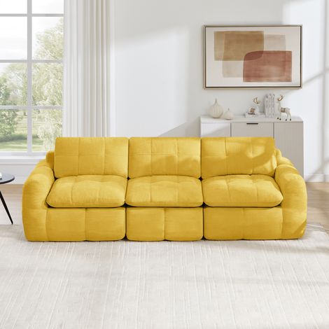 Canapé modulable sans cadre 3 places en chenille matelassée, coussins épais ergonomiques, jaune (1/5)