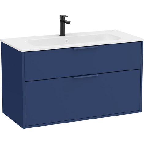 Pack meuble unik "OPTICA" 1000 - 2 tiroirs + lavabo plan en Stonex - Bleu acier Mat - Roca (1/2)
